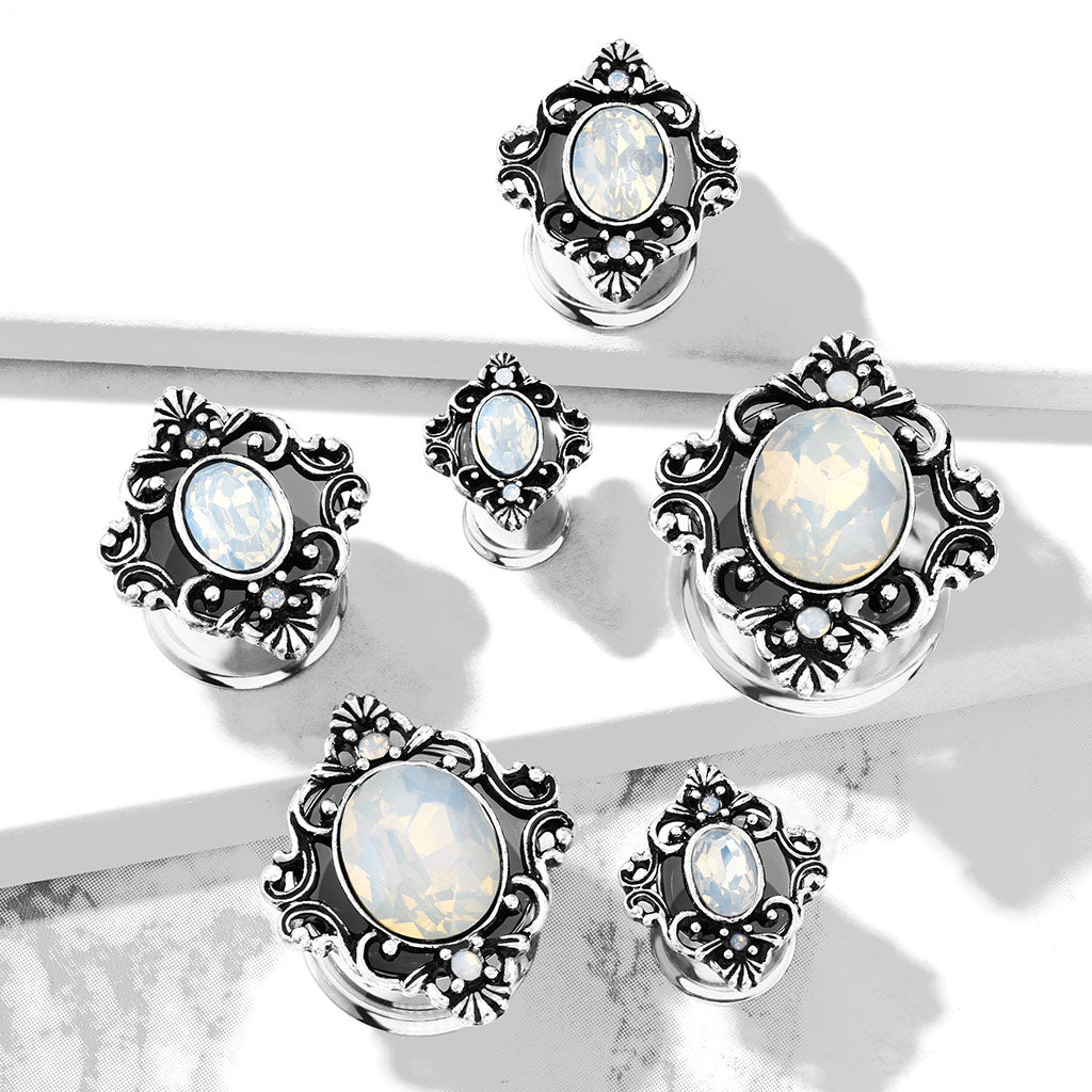 Vintage Filigree White Oval Synthetic Opal Square Front-Facing Double Flared Plugs - Stainless Steel - Pair