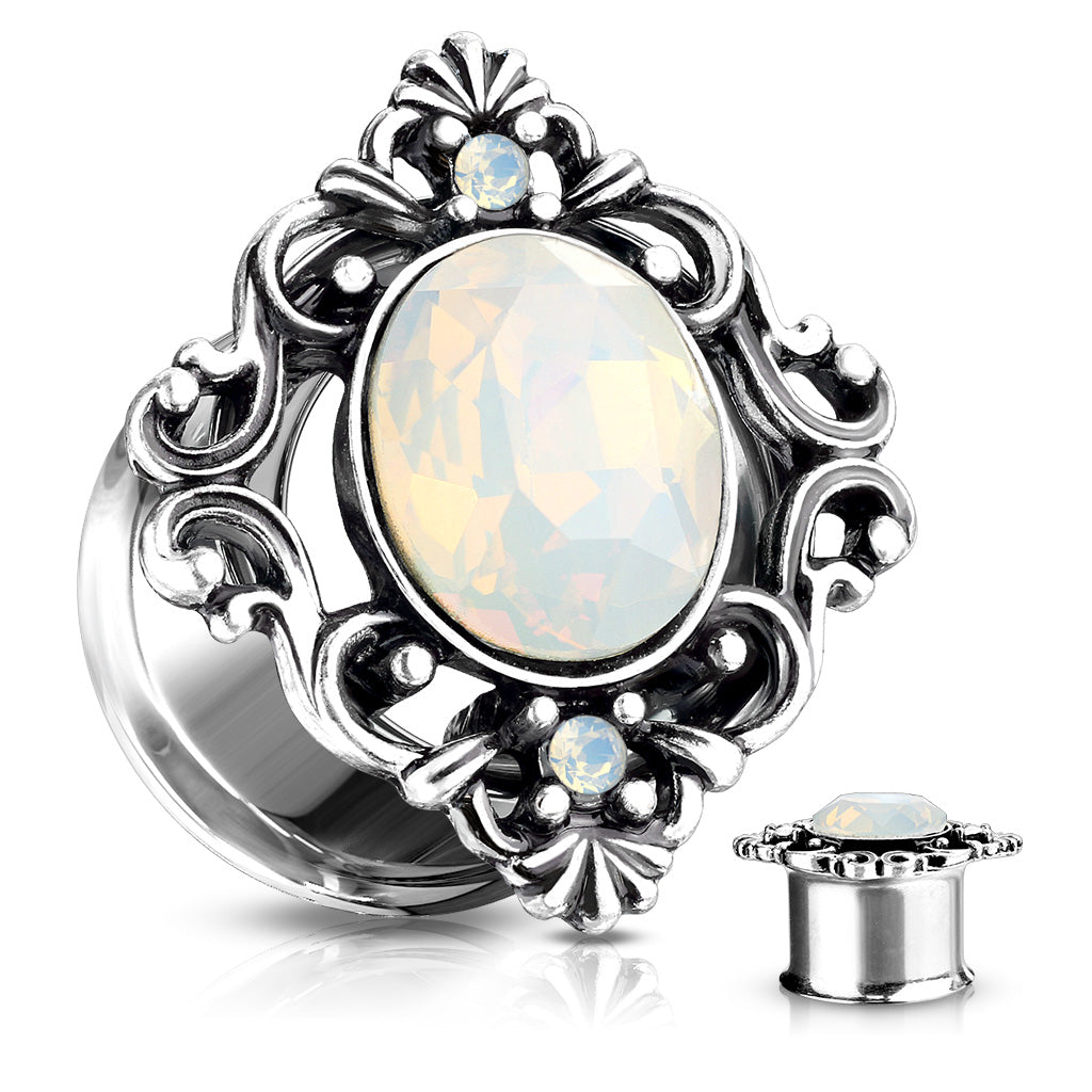 Vintage Filigree White Oval Synthetic Opal Square Front-Facing Double Flared Plugs - Stainless Steel - Pair
