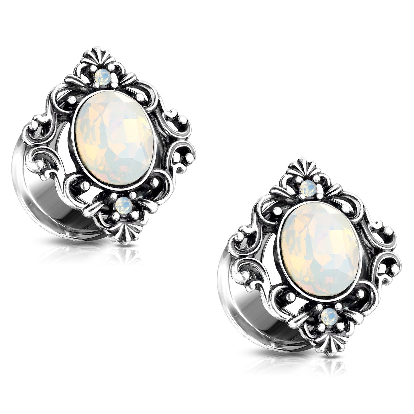 Vintage Filigree White Oval Synthetic Opal Square Front-Facing Double Flared Plugs - Stainless Steel - Pair