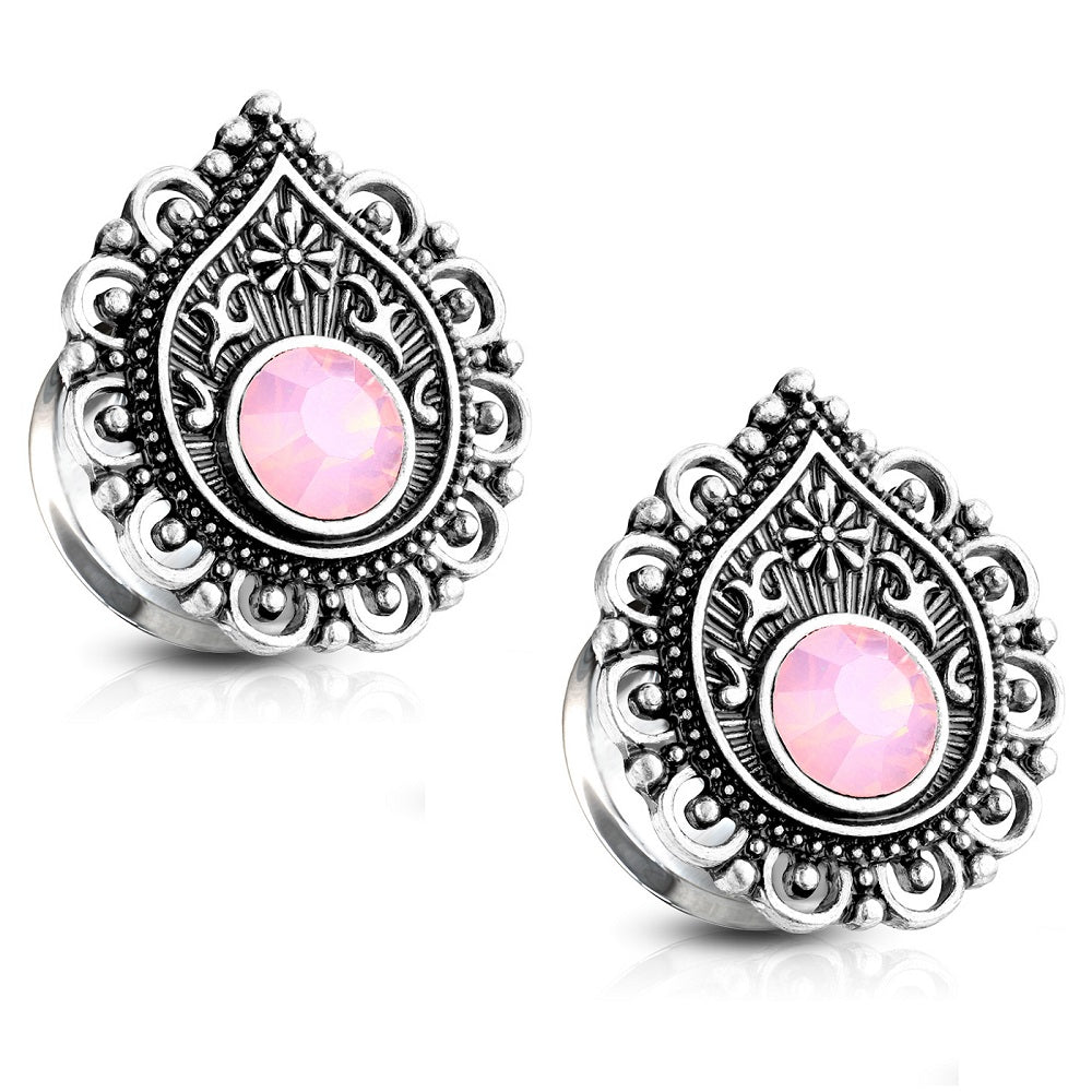 Pink Opalite Tear Drop Filigree Font Double Flared Plugs - 316L Stainless Steel - Pair