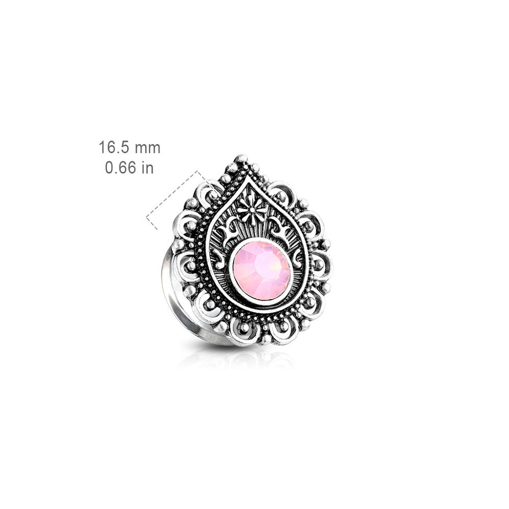 Pink Opalite Tear Drop Filigree Font Double Flared Plugs - 316L Stainless Steel - Pair
