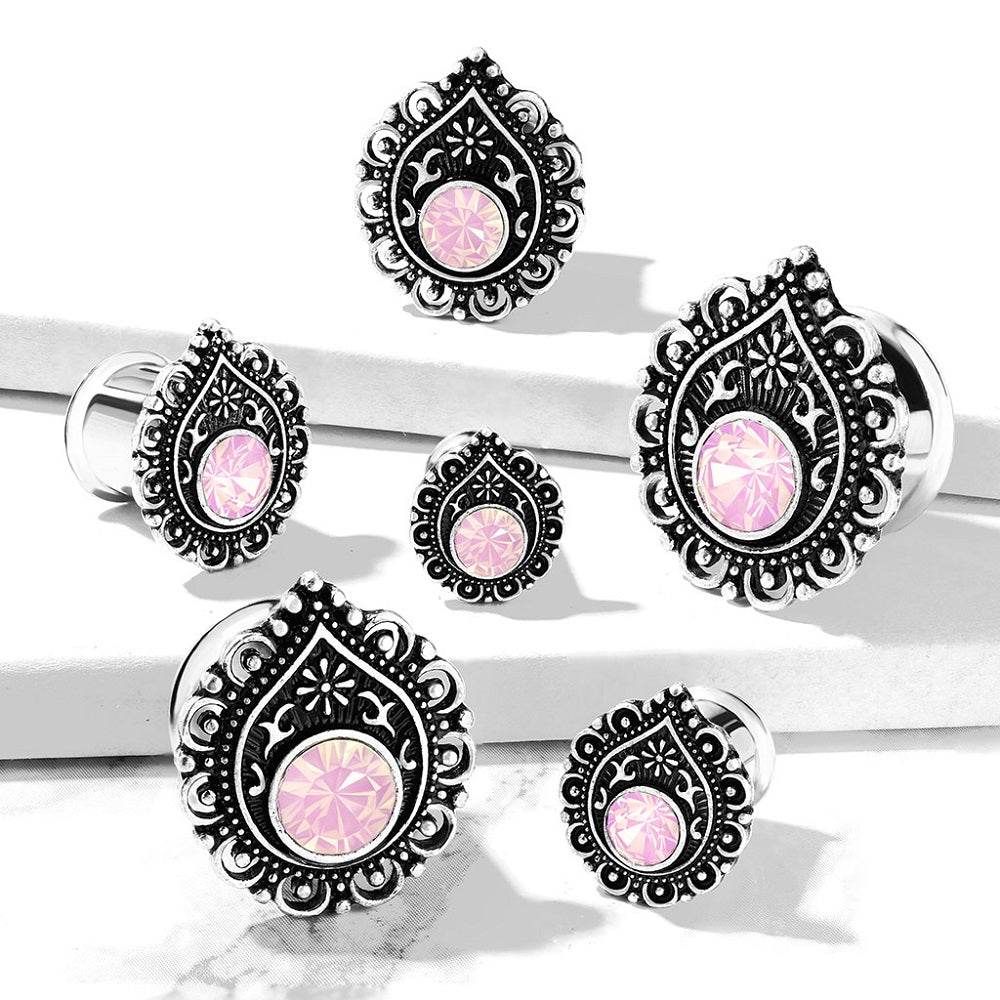Pink Opalite Tear Drop Filigree Font Double Flared Plugs - 316L Stainless Steel - Pair