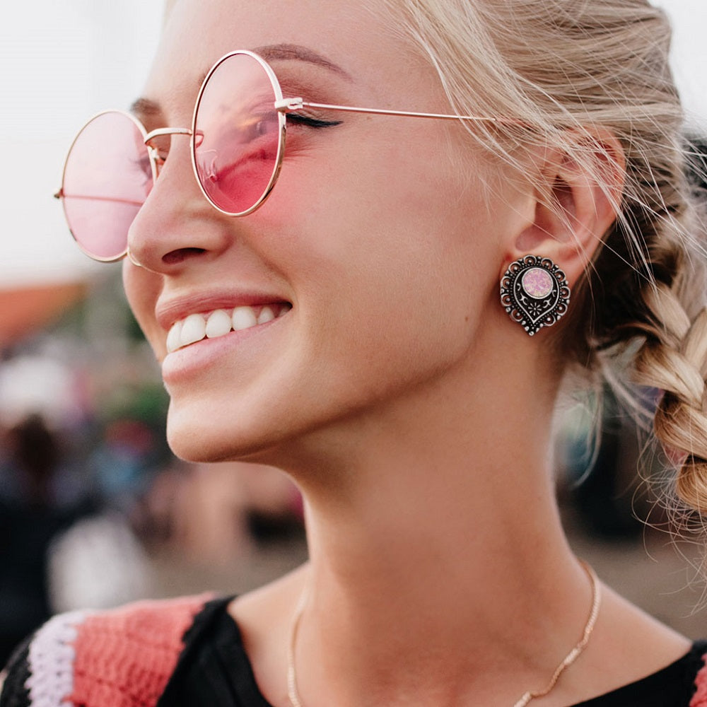 Pink Opalite Tear Drop Filigree Font Double Flared Plugs - 316L Stainless Steel - Pair
