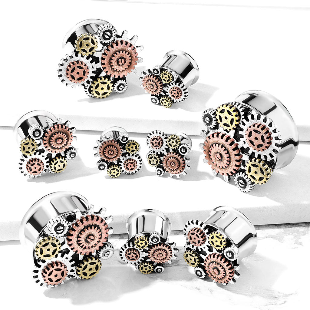 Steampunk Gears Front-Facing Double Flared Plugs - Pair - 316L Stainless Steel