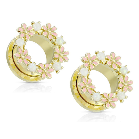 Gold Synthetic Opal and Pink Enamel Flowers Screw Fit Tunnels - PVD Plated Stainless Steel - Pair