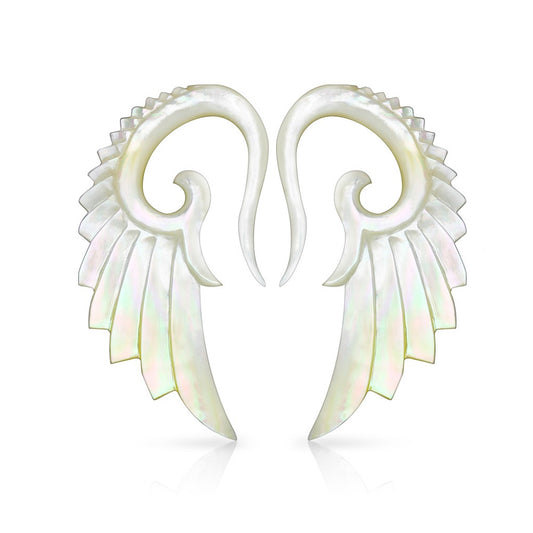 Hand Carved Mother of Pearl Angelic Wing Hanging Taper Plugs - Pair