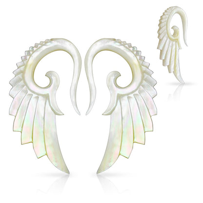 Hand Carved Mother of Pearl Angelic Wing Hanging Taper Plugs - Pair