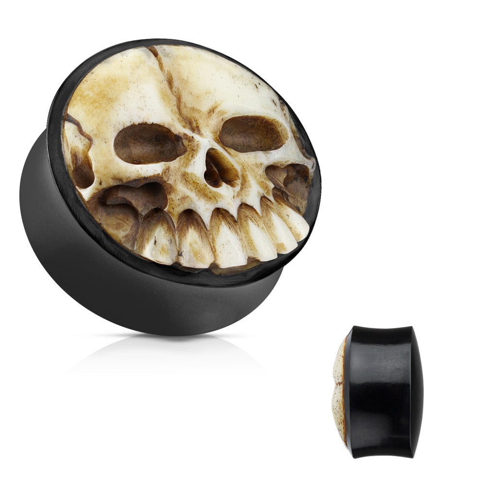 3D Skull Hand Carved Organic Buffalo Horn Double Flared Plugs