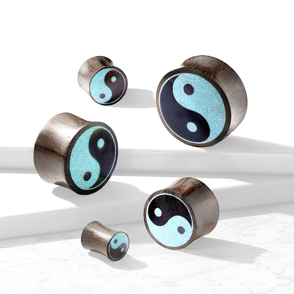 Organic Sono Wood Turquoise Yin Yang Convex Saddle Plugs - Pair