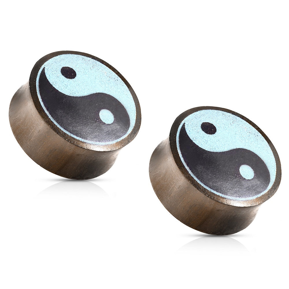 Organic Sono Wood Turquoise Yin Yang Convex Saddle Plugs - Pair