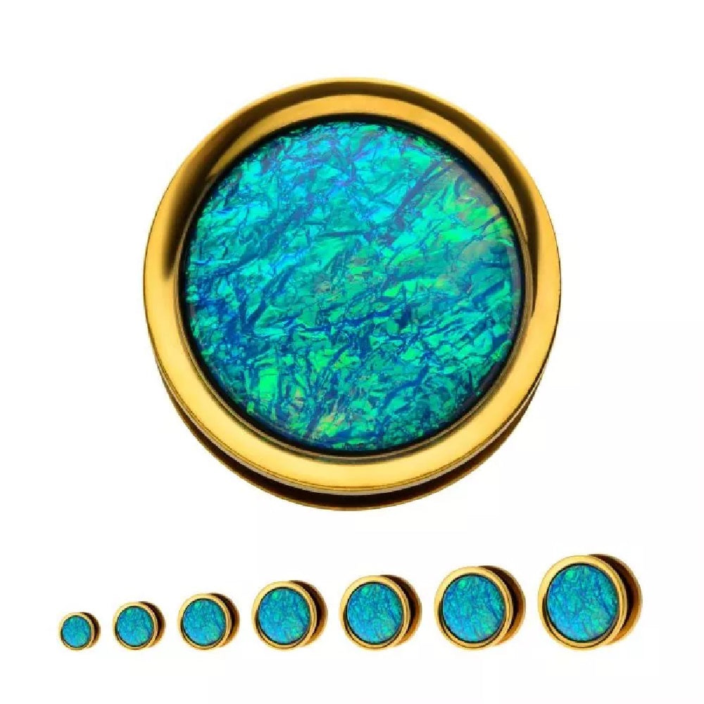 Blue Opalite Screw Fit Plug Gauges - Gold Plated Stainless Steel - Pair