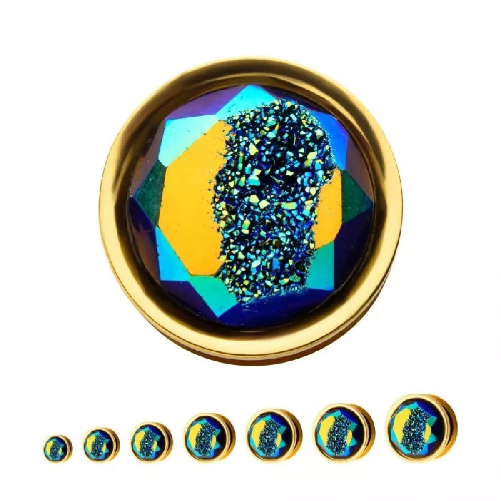 Golden Druzy Stone Blue Aurora Borealis Screw Fit Flesh Fit Plugs - 316L Stainless Steel - Pair