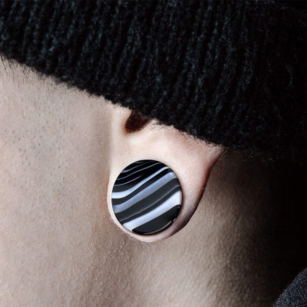 Natural Black and White Agate Stone Double Flared Saddle Plug Gauges