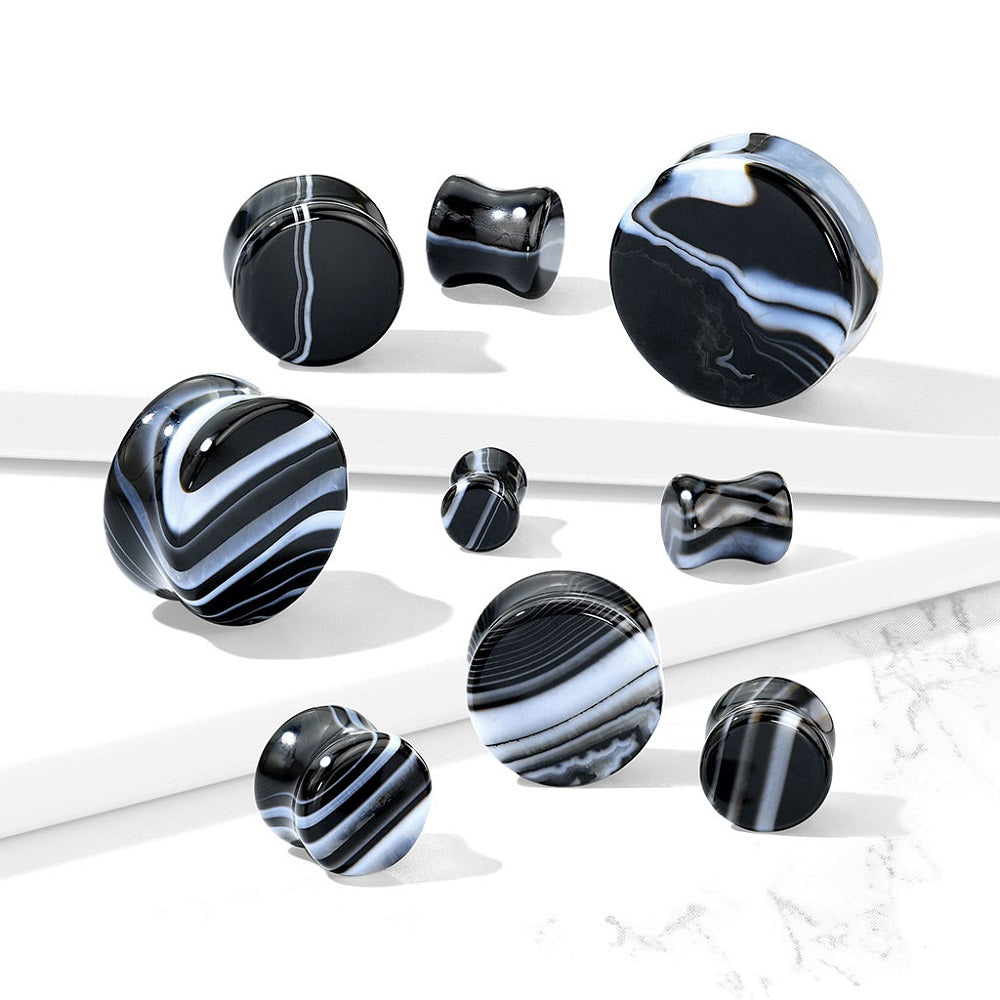 Natural Black and White Agate Stone Double Flared Saddle Plug Gauges