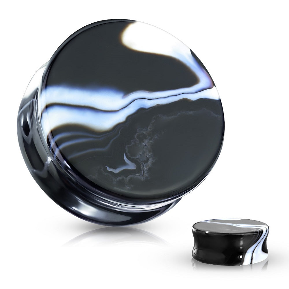 Natural Black and White Agate Stone Double Flared Saddle Plug Gauges