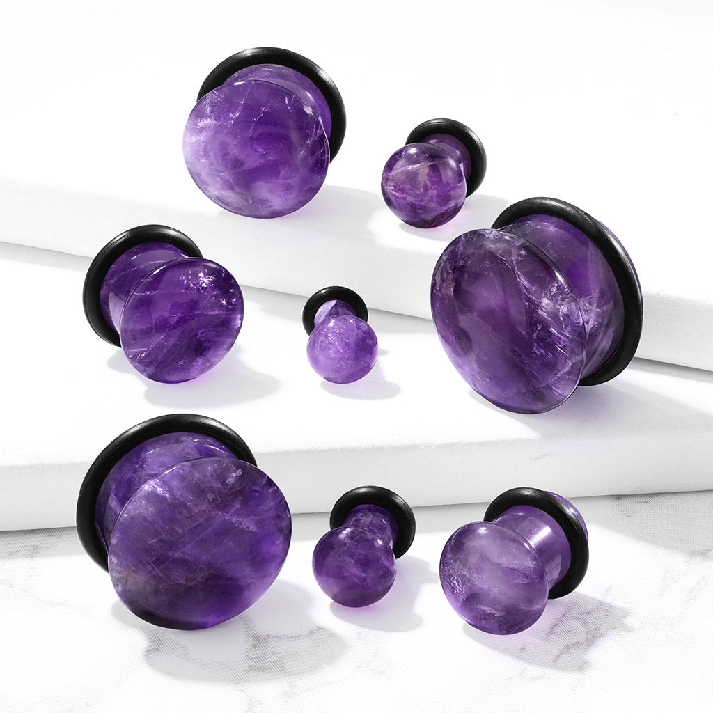 Natural Amethyst Semi-Precious Stone Domed Single Flare Plugs with Black O Ring