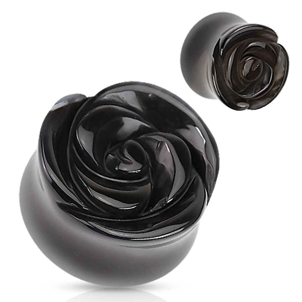 Black Rose Carved into Black Agate Semi Precious Double Flared Plugs