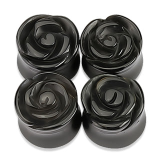 Black Rose Carved into Black Agate Semi Precious Double Flared Plugs