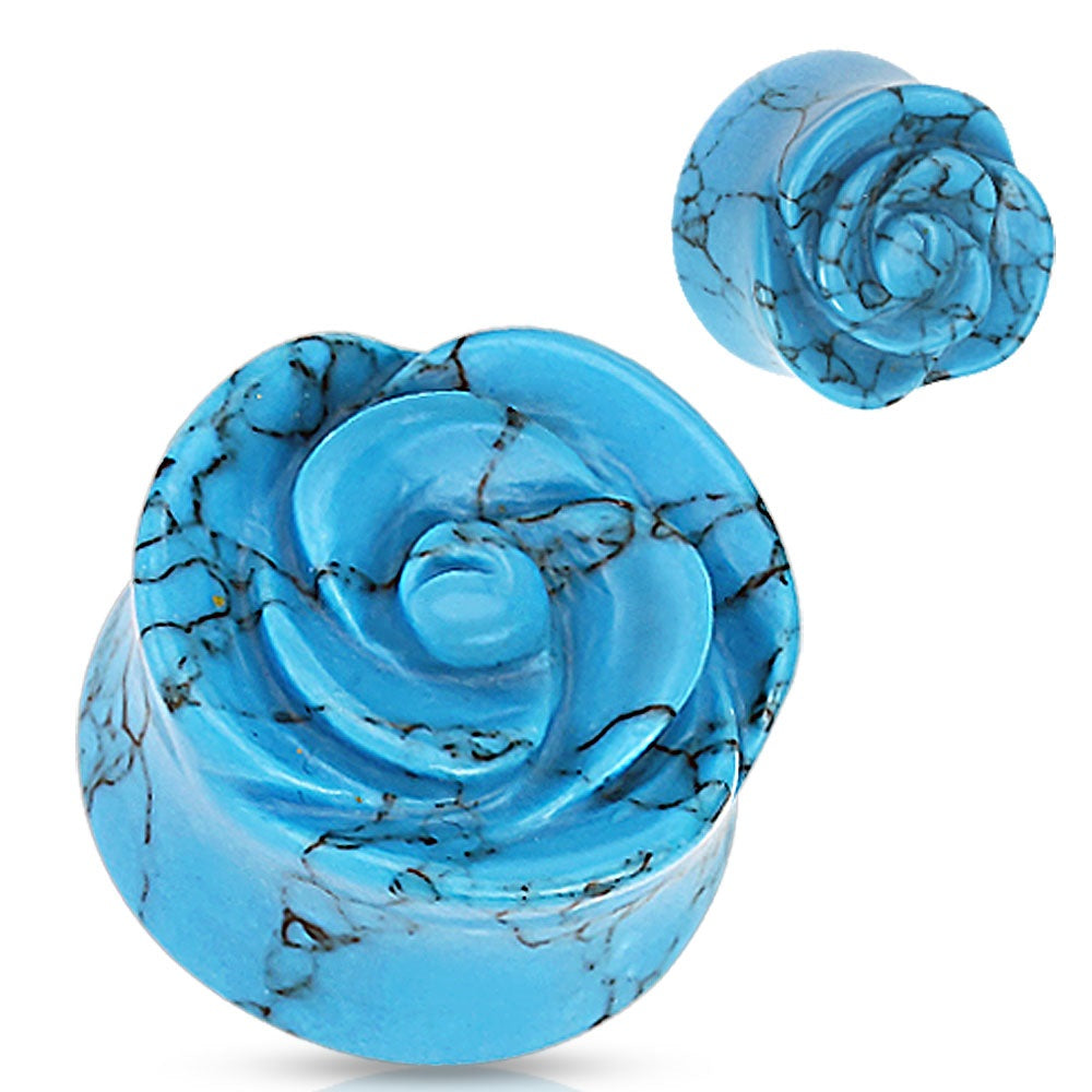 Blue Rose Carved into Turquoise Single Side Double Flared Plugs - Pair