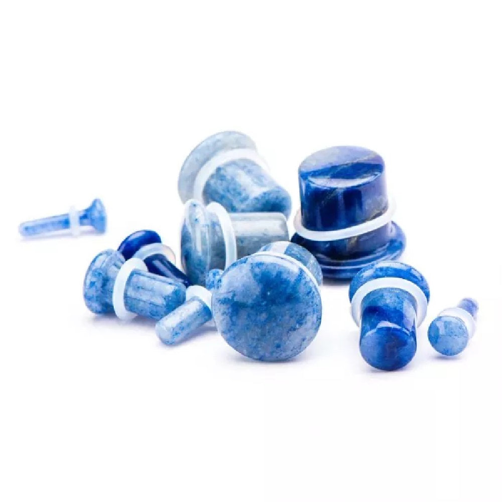 Blue Aventurine Natural Stone Single Flared Plugs with Clear Silicone O-Ring