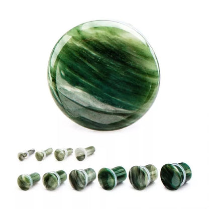 Green Lined Jasper Natural Stone Single Flared with Clear Silicone O-Ring Plugs