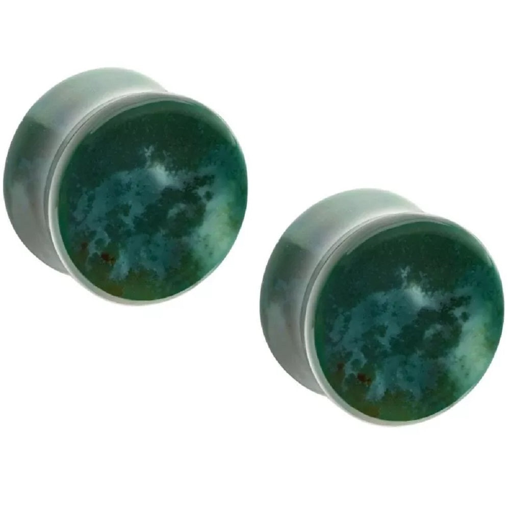 Green Indian Agate Stone Concave Double Flared Plug Gauges - Pair