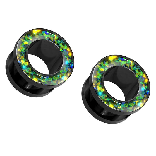 Green Opal Glitter Rim Black Screw Fit Tunnels - Stainless Steel - Pair