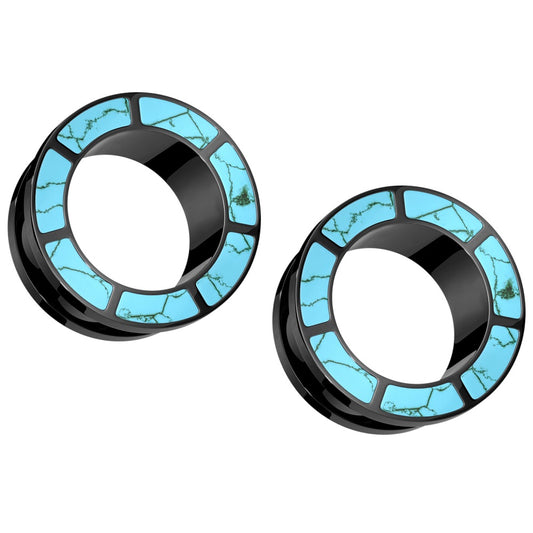 Turquoise Rimmed Screw Fit Tunnels - Stainless Steel - Pair