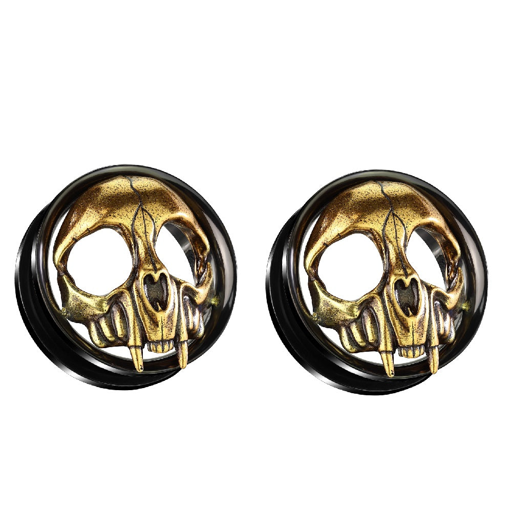 Black PVD Golden Skull Head Screw Fit Tunnels - 316L Stainless Steel - Pair