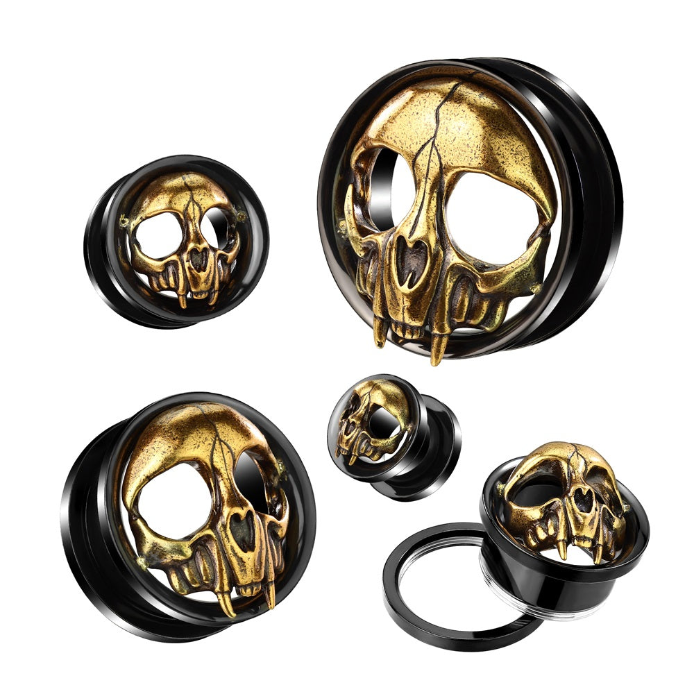 Black PVD Golden Skull Head Screw Fit Tunnels - 316L Stainless Steel - Pair