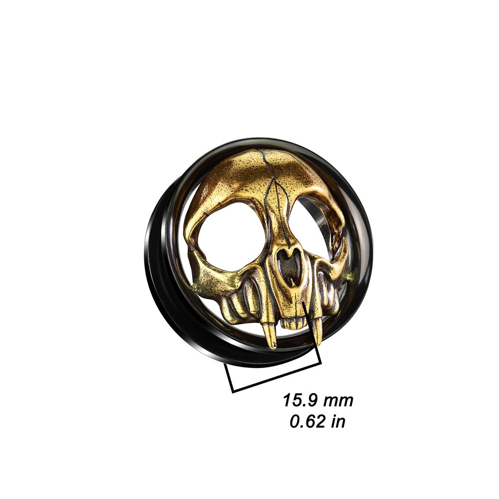Black PVD Golden Skull Head Screw Fit Tunnels - 316L Stainless Steel - Pair