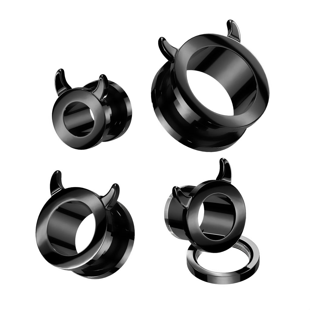 Black PVD Devil Horn Rim Screw Fit Tunnels - 316L Stainless Steel - Pair