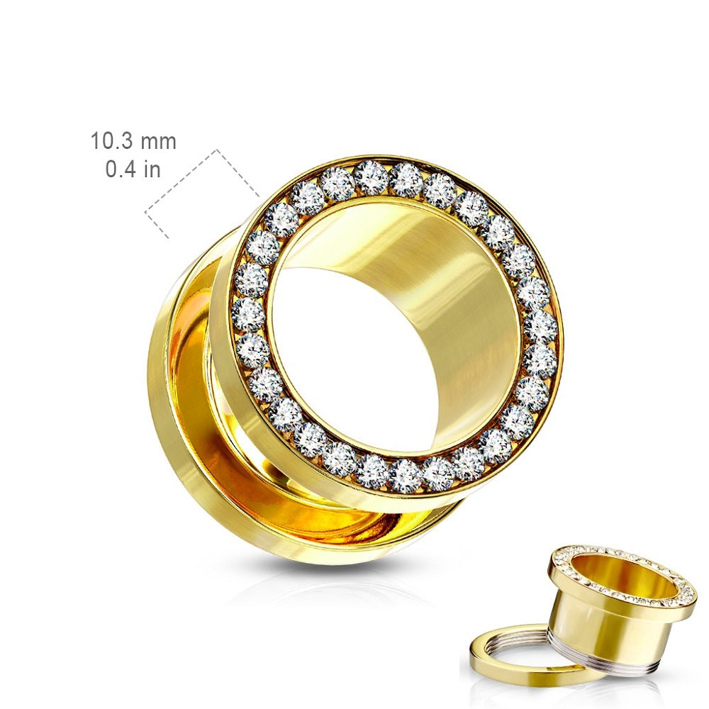 CZ Crystal Lined Rim Screw Fit Tunnels - Stainless Steel - Pair