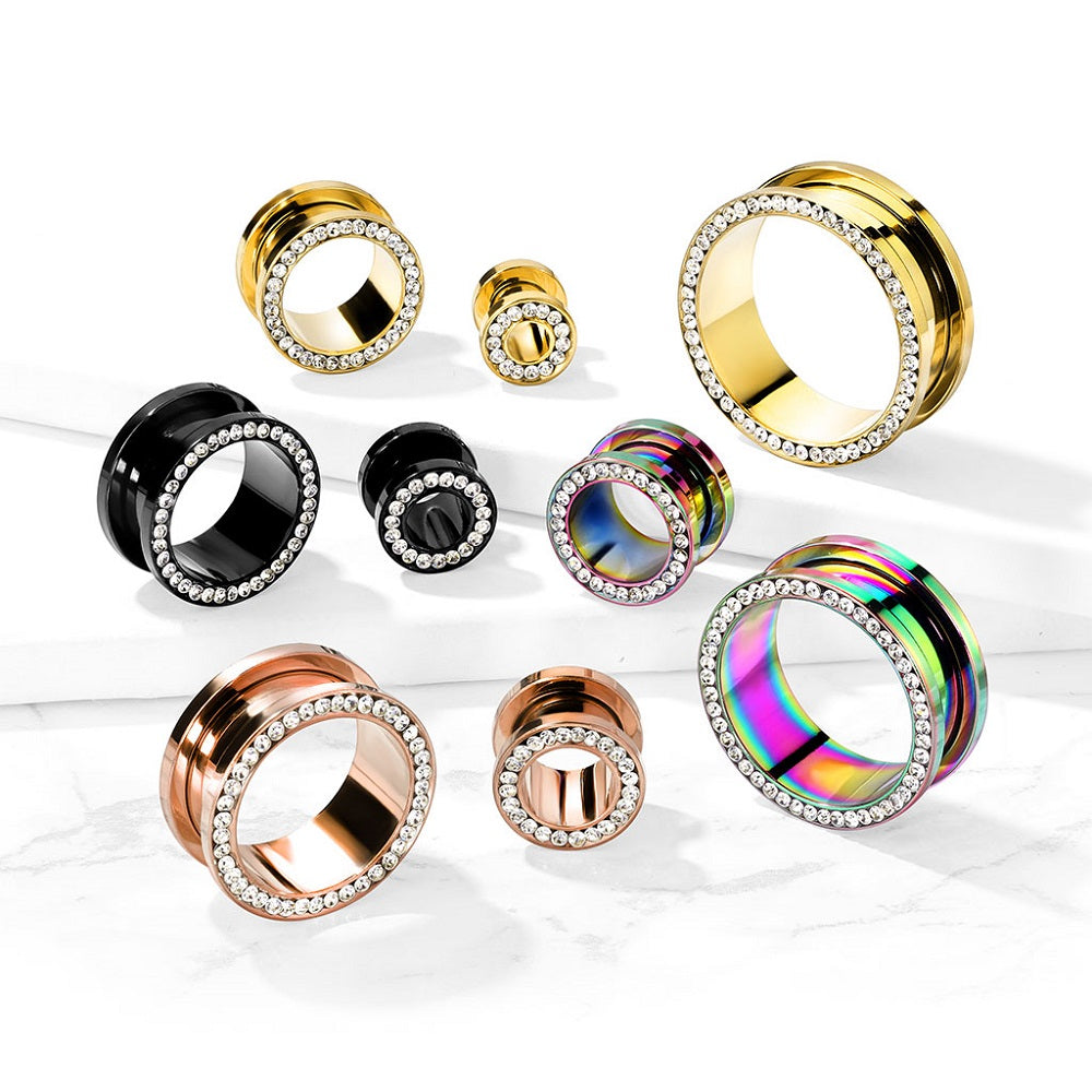CZ Crystal Lined Rim Screw Fit Tunnels - Stainless Steel - Pair