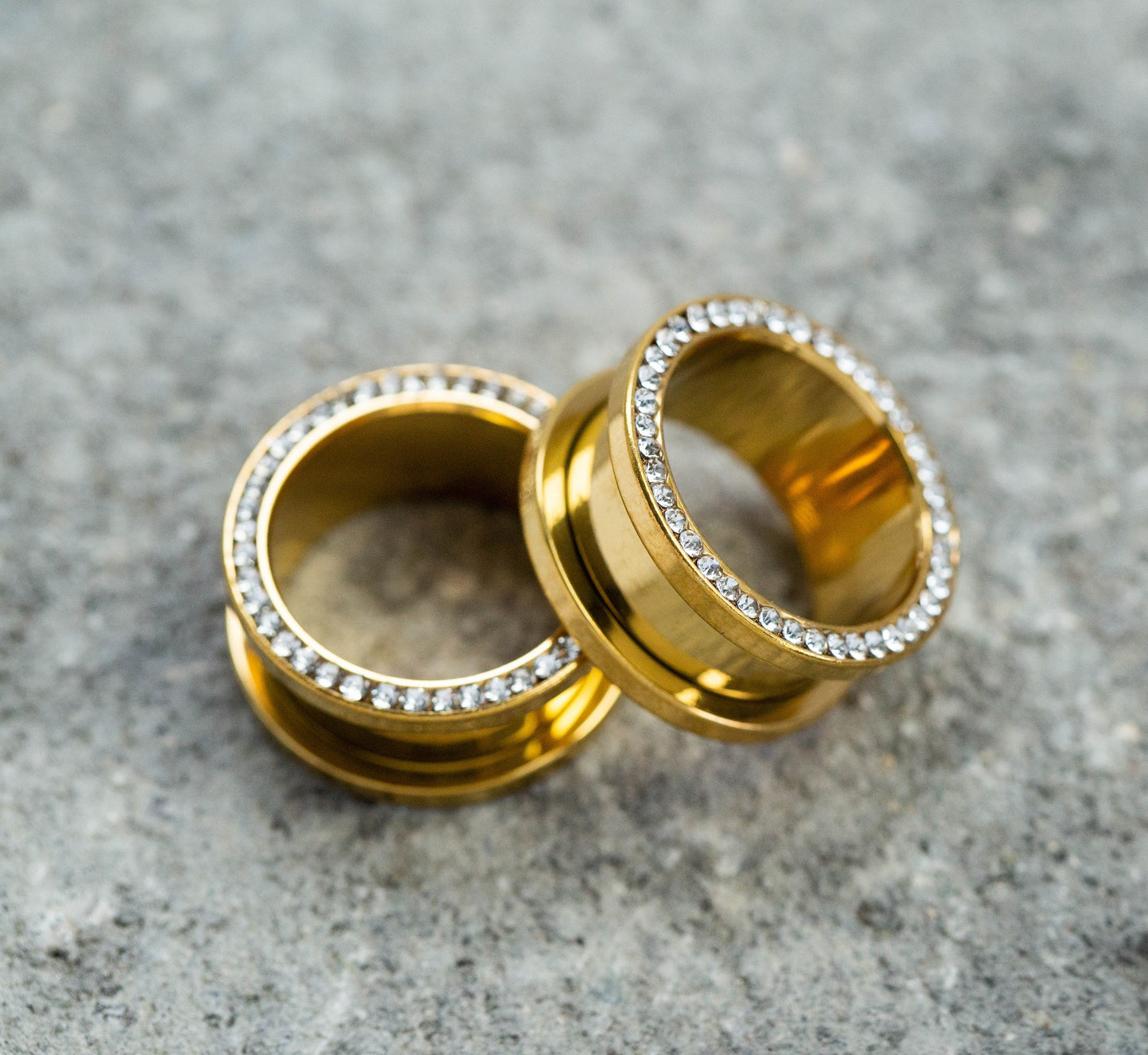 CZ Crystal Lined Rim Screw Fit Tunnels - Stainless Steel - Pair