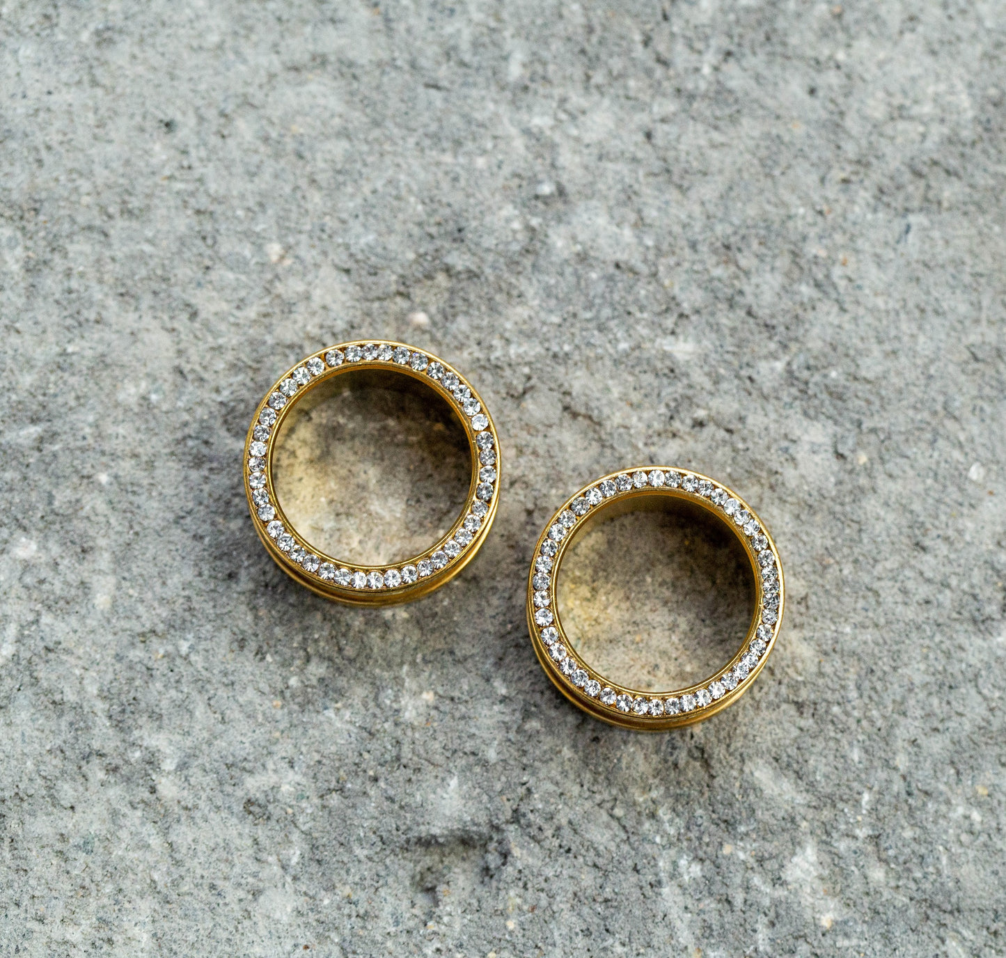 CZ Crystal Lined Rim Screw Fit Tunnels - Stainless Steel - Pair