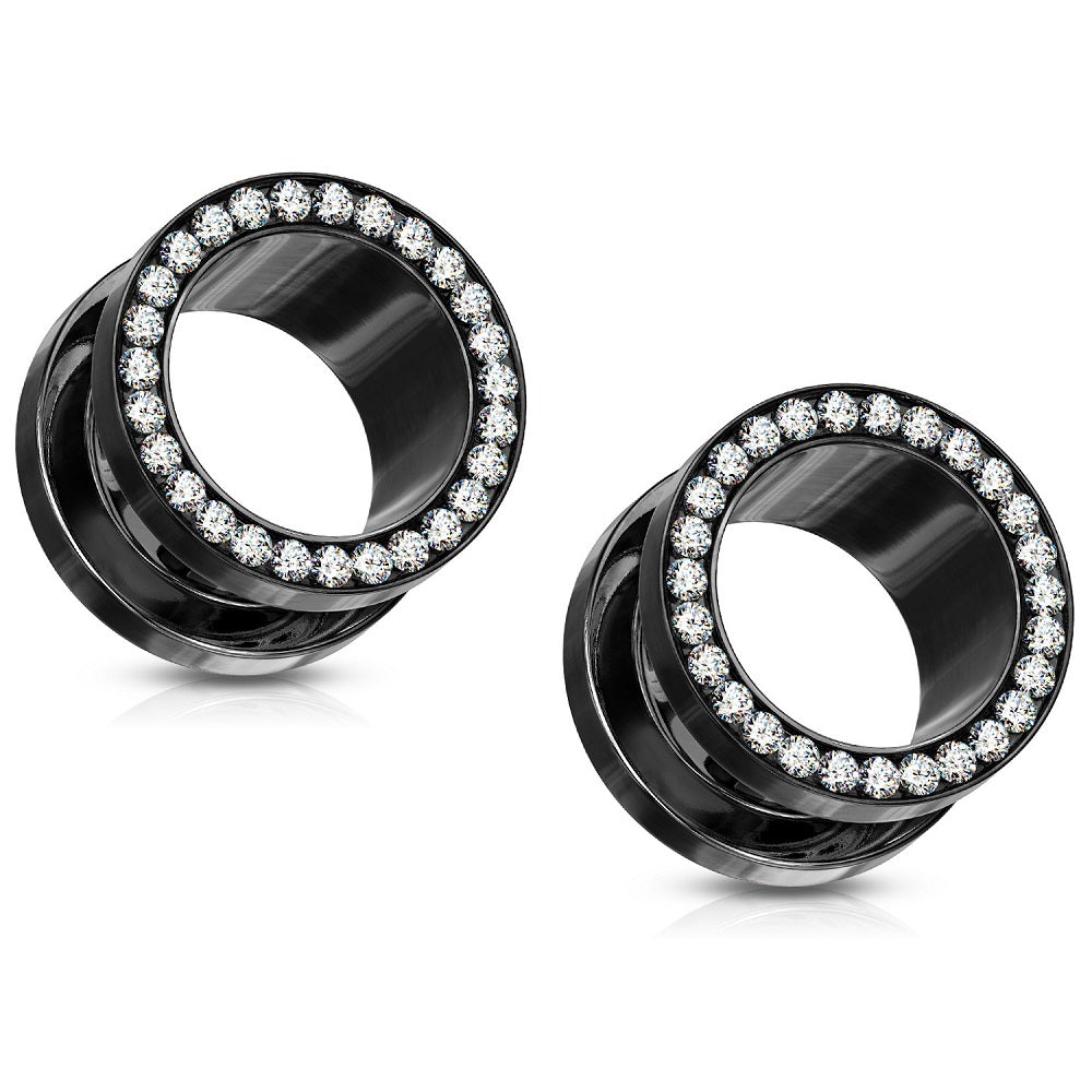 CZ Crystal Lined Rim Screw Fit Tunnels - Stainless Steel - Pair