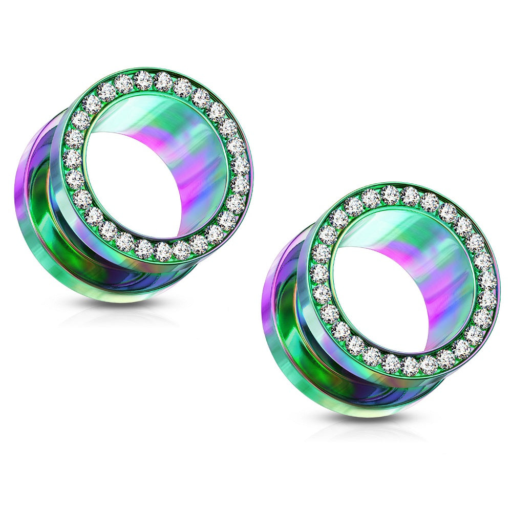 CZ Crystal Lined Rim Screw Fit Tunnels - Stainless Steel - Pair
