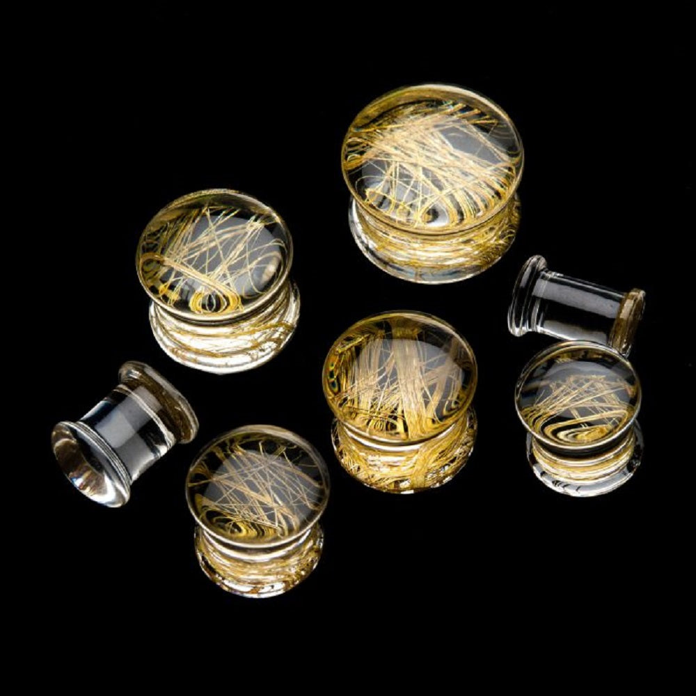 Clear Acrylic Double Flared Saddle Plugs with Golden Lines - Pair
