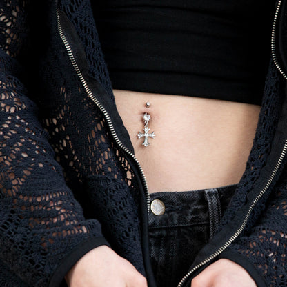 Celtic Cross with Paved Gems Dangling Belly Button Ring - 316L Surgical Steel