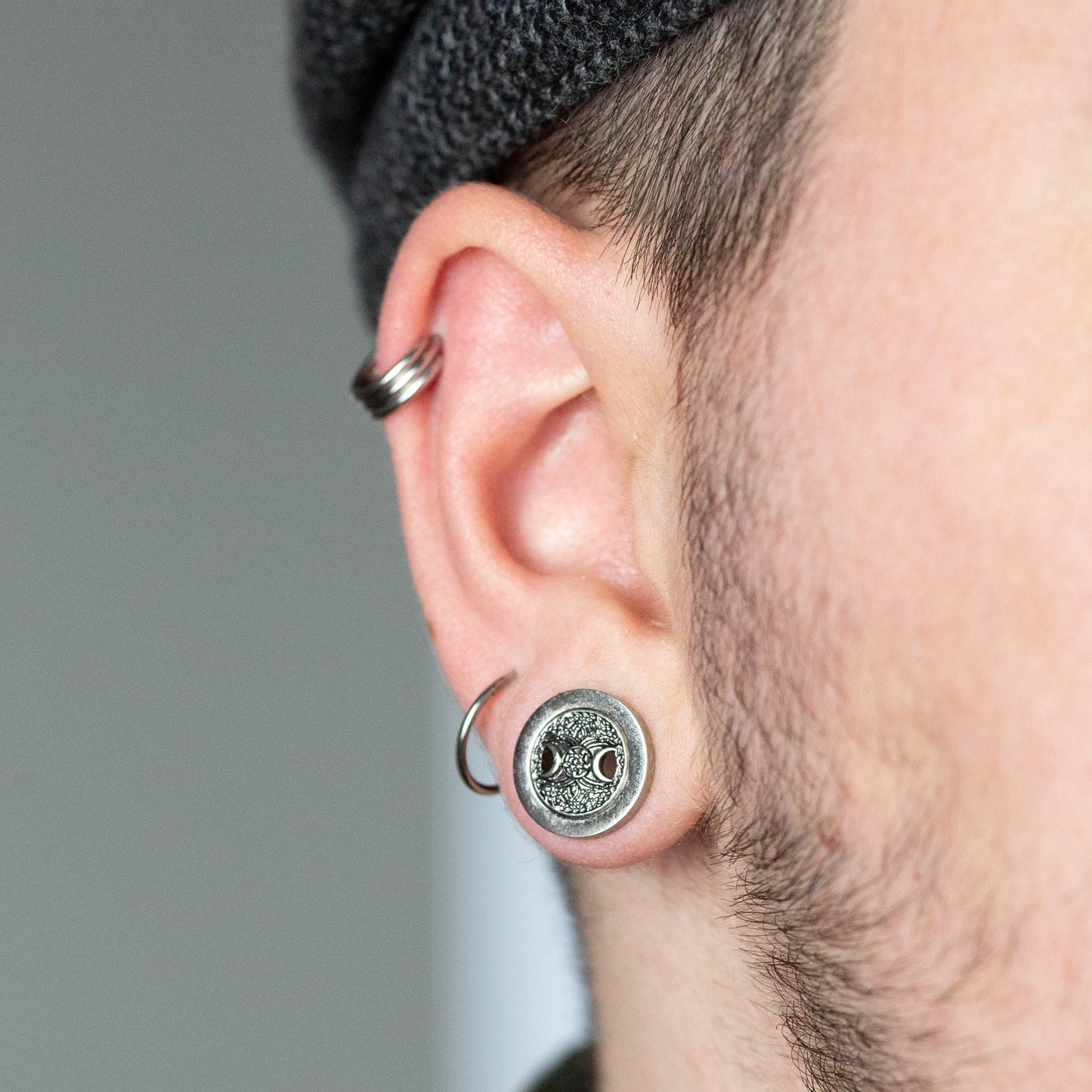 Antique Silver Plated Crescent Moons and Star Centered Screw Fit Plug Gauges - Stainless Steel