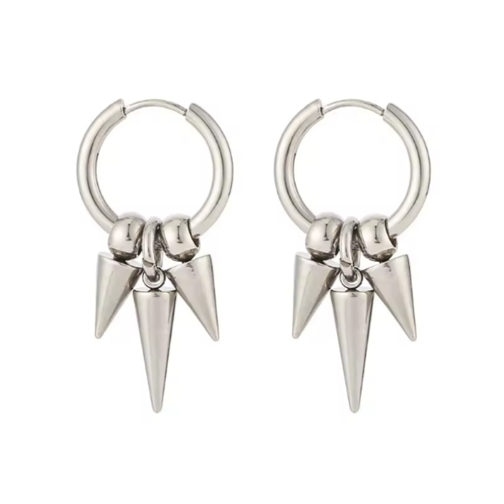Triple Spike Dangling Hoop Earrings - Pair - Stainless Steel