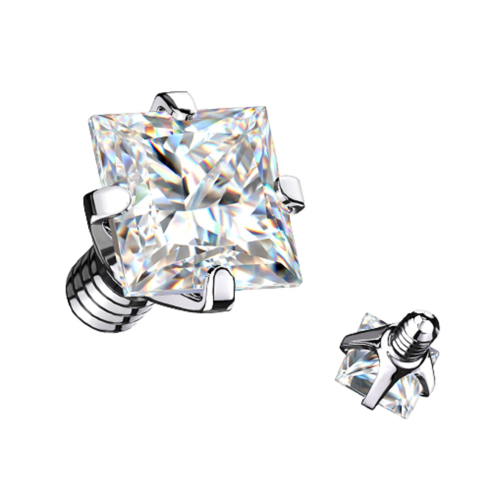 Prong Set Square Shaped CZ Crystal Internally Threaded Dermal Anchor Top - G23 Implant Grade Titanium