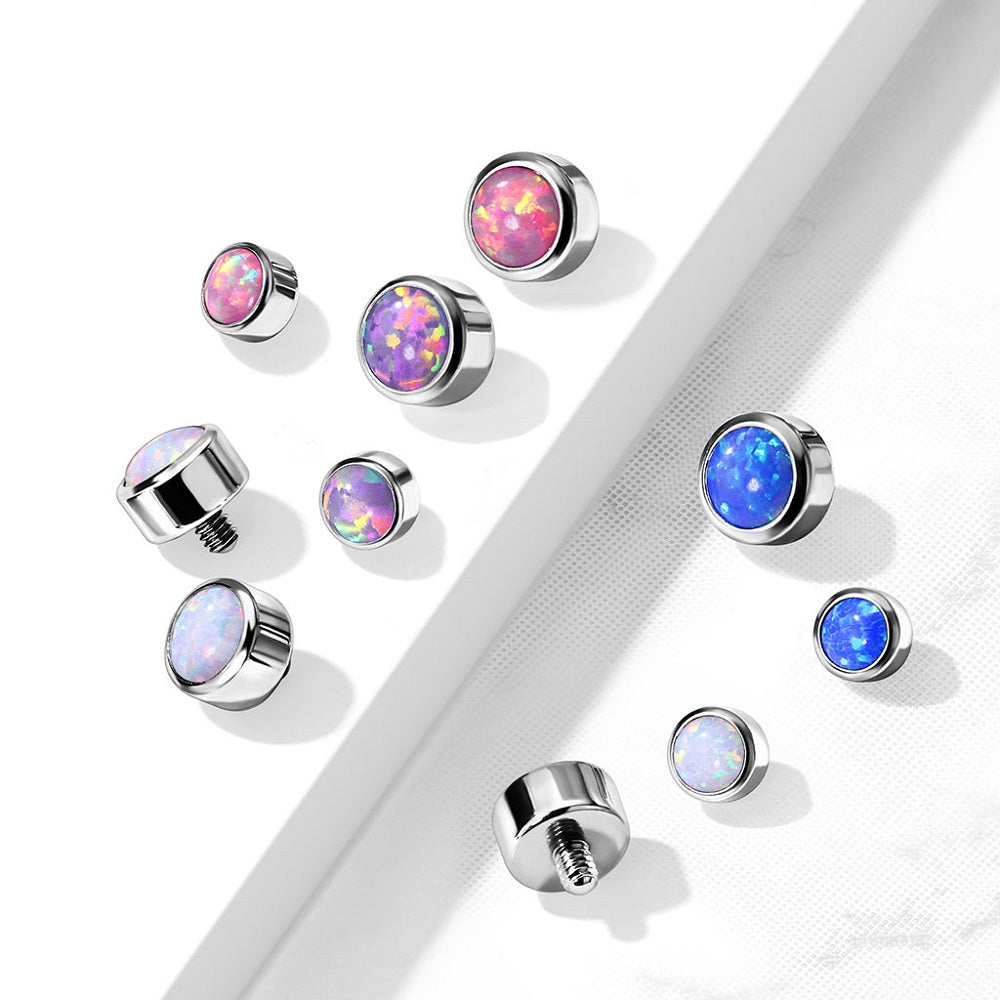 Bezel Set Round Synthetic Opal Internally Threaded Dermal Anchor Top
- G23 Implant Grade Titanium