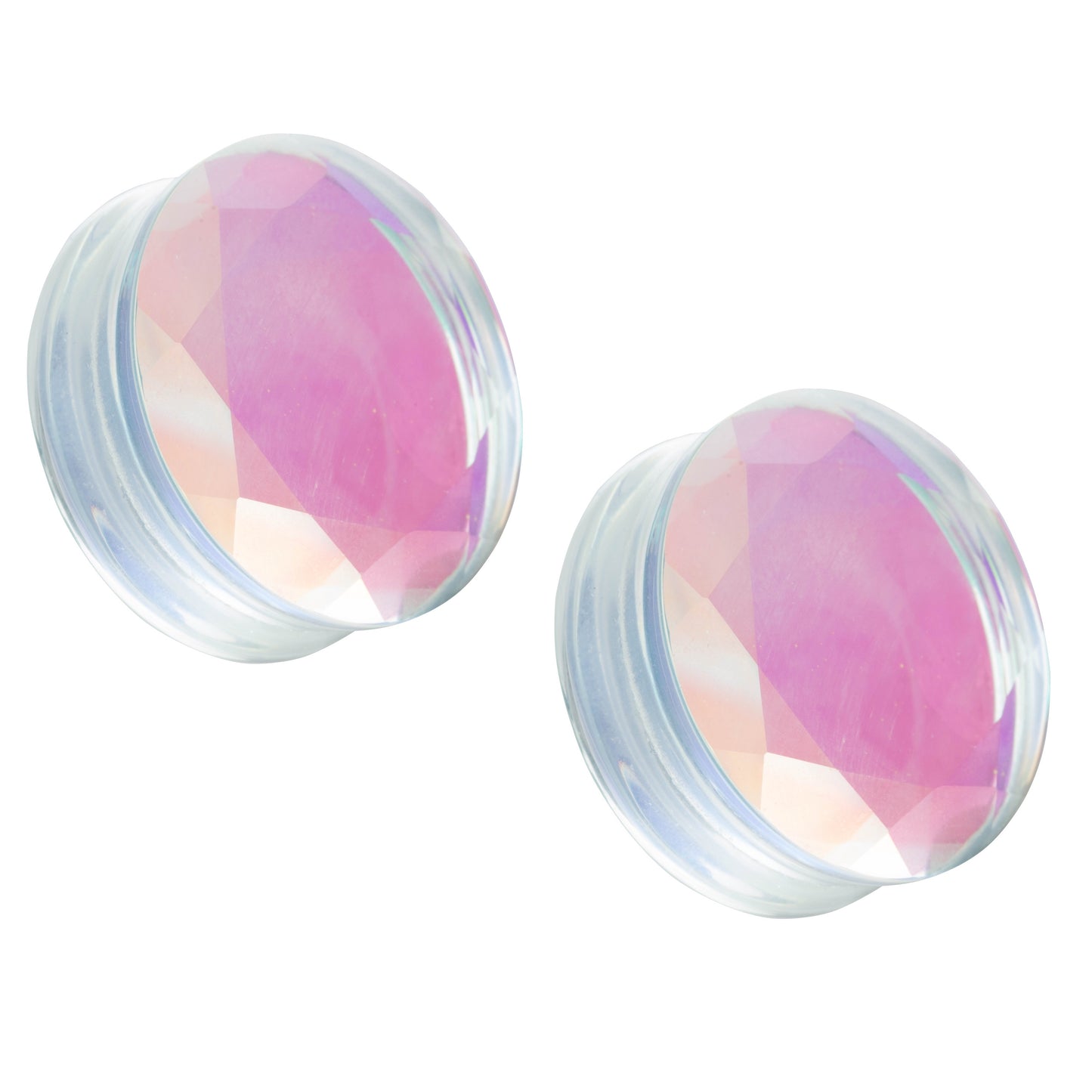 Iridescent Glass Faceted Convex Double Flared Plugs - Pair