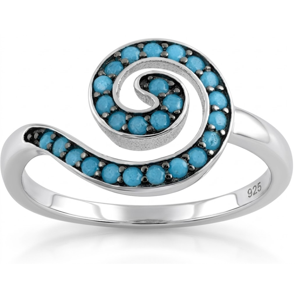 Turquoise Spiral Wave Ring - Rhodium Plated 925 Sterling Silver