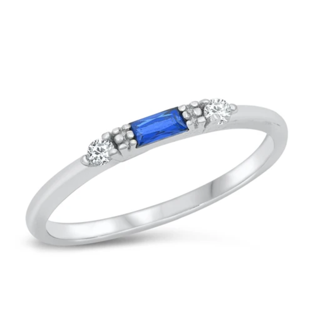 Blue CZ Crystal Baguette Stackable Ring - 925 Sterling Silver