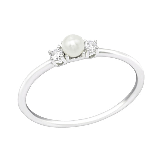 Double CZ Crystal and Synthetic Pearl Ring - 925 Sterling Silver