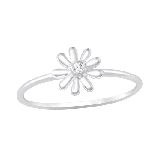 CZ Crystal Center Flower Ring - 925 Sterling Silver