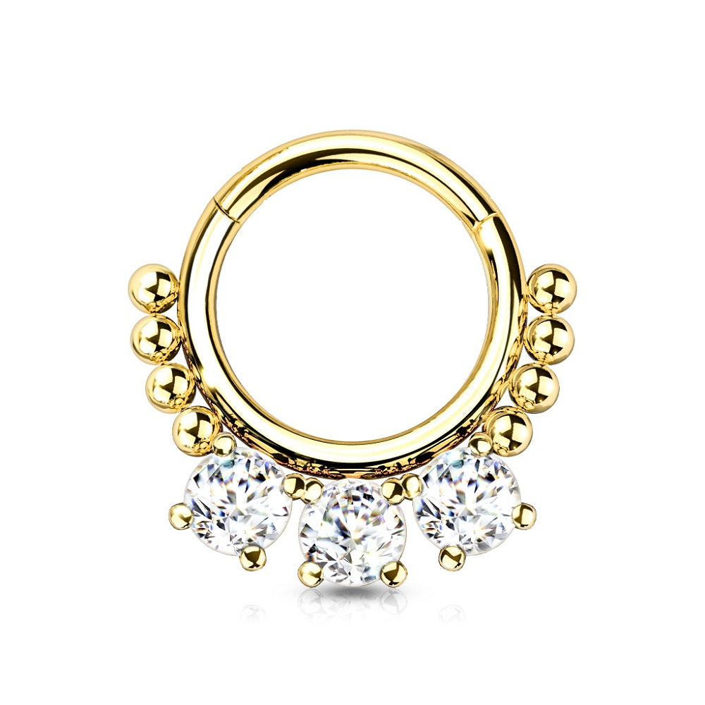 Triple Round CZ Crystal and Ball Lined Hoop Hinged Segment Clicker Ring - 316L Stainless Steel